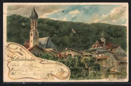 Künstler-Lithographie E. Keppler: Wolfratshausen, Teilansicht mit Kirche