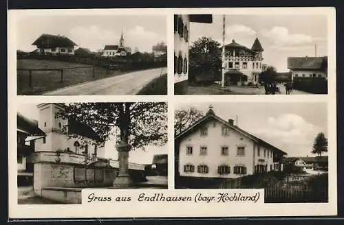 AK Endlhausen /Bayr. Hochland, Gasthaus, Kirche, Strassenpartie