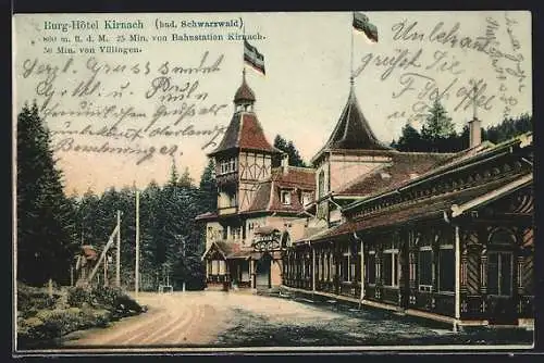 AK Kirnach /Bad. Schwarzwald, Burg-Hotel mit Strassenpartie