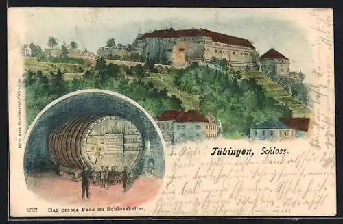 Lithographie Tübingen, Schlossansicht, Grosses Fass im Schlosskeller