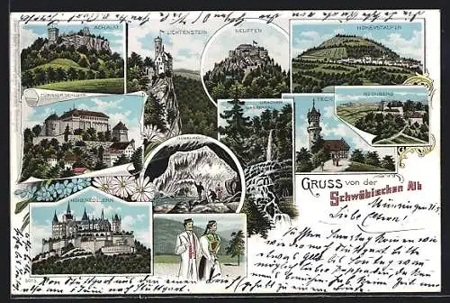 Lithographie Hohenzollern, Schloss Hohenzollern, Nebelhöhle, Burgen Teck, Rechberg, Hohenstaufen, Neuffen