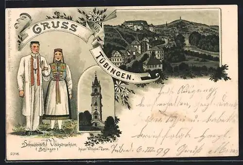Lithographie Tübingen, Kaiser Wilhelm-Turm, Teilansicht der Ortschaft