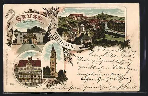 Lithographie Tübingen, Rathaus, Kaiser Wilhelm-Turm, Schlossthor und Gesamtansicht