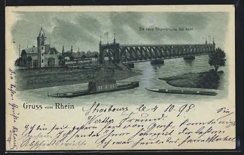 Mondschein-Lithographie Kehl /Rhein, Die neue Rheinbrücke