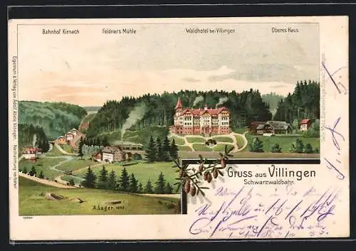 Lithographie Villingen / Baden, Waldhotel, Oberes Haus, Bahnhof Kirnach und Feldner`s Mühle