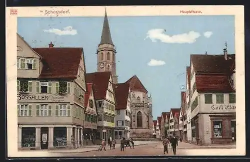 AK Schorndorf / Württ., Hauptstrasse mit Geschäften und Kirche