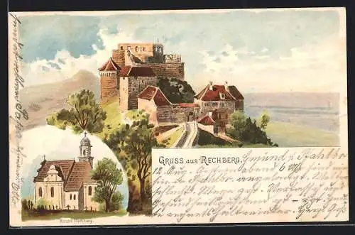 Lithographie Rechberg / Schwäb. Gmünd, Blick zur Ruine, Kirche