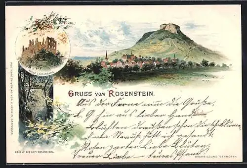 Lithographie Rosenstein, Ruine Lauterburg, Brücke auf dem Rosenstein, Ortsansicht