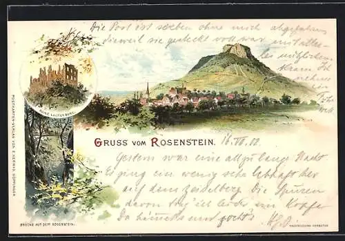 Lithographie Rosenstein, Teilansicht, Ruine Lauterburg, Brücke auf dem Rosenstein