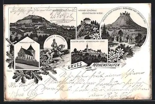 Lithographie Hohenstaufen, Friedrich I Barbarossa zu Pferd, Barbarossa-Kirche, Wascher Schlössle