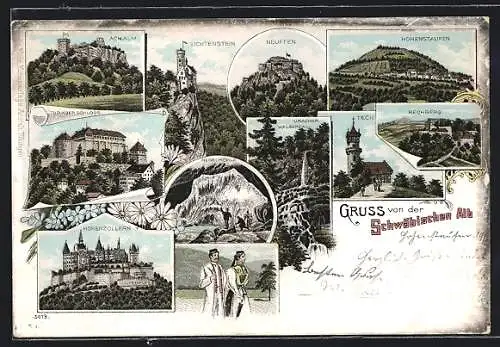 Lithographie Hohenzollern, Schloss Hohenzollern, Nebelhöhle, Burgen Teck, Rechberg, Hohenstaufen, Neuffen