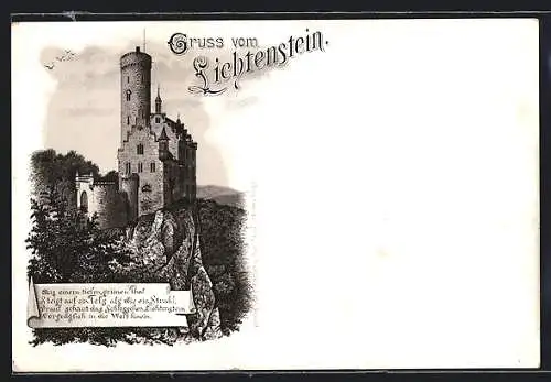 Lithographie Lichtenstein / Echaztal, Blick zur Burg
