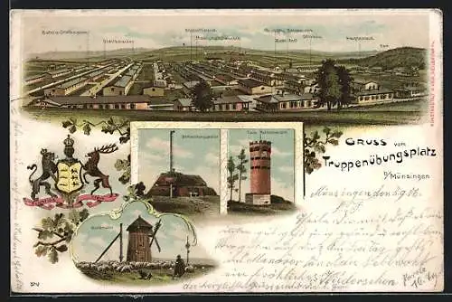 Lithographie Münsingen, Windmühle, Beobachtungsstation, Barackenanlage, Wappen