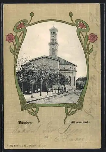 AK München, Matthäus-Kirche umrahmt von Blumen
