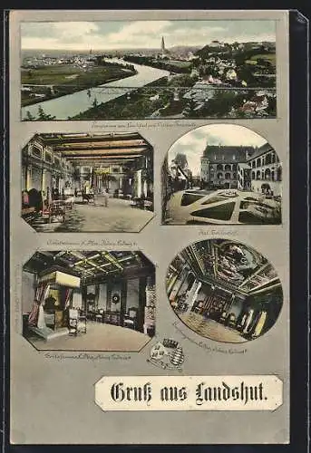 AK Landshut, Ortsansicht mit Schloss Trausnitz, Schlosshof, Schlafzimmer