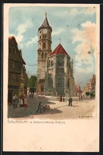 Lithographie Schorndorf /Württ., Ortspartie mit Kirche