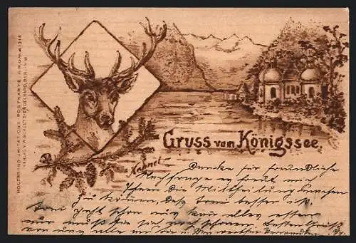 Holzbrand-Imitations-AK Königssee / Obb., Hirsch und Wallfahrtskirche