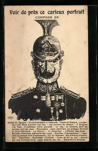 AK Kaiser Wilhelm II. mit optischer Täuschung, Voir de près ce curieux portrait