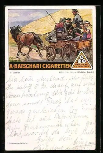 Künstler-AK Curt Liebich: Familie in einem Pferdewagen, Reklame für A. Batschari Cigaretten