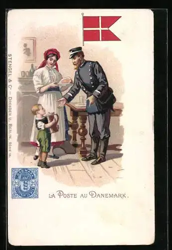 Lithographie La Poste au Danemark, Briefmarke