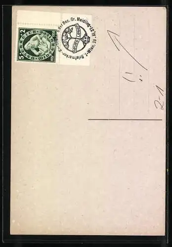 Künstler-AK Wien, Briefmarken-Werbeschau der Bez. Gr. Meidling 1937, Ein Mann betrachtet Briefmarken