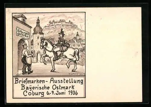 Künstler-AK Coburg, Briefmarken-Ausstellung Bayerische Ostmark 1936, Postillon am Gasthaus