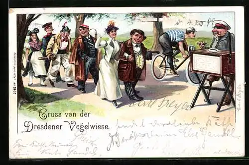 Lithographie Leierkasten auf der Dresdener Vogelwiese