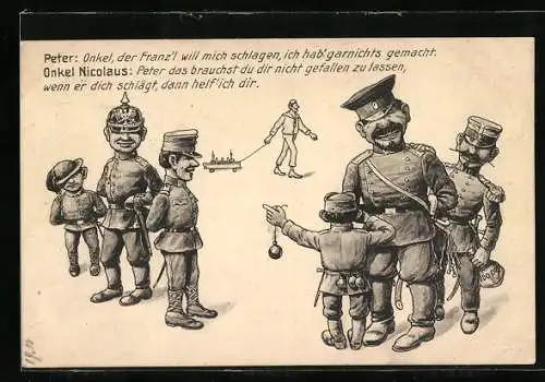 AK Junge weint sich bei seinem Onkel Nikolaus II. von Russland über deutschen Jungen aus, Propaganda 1. Weltkrieg