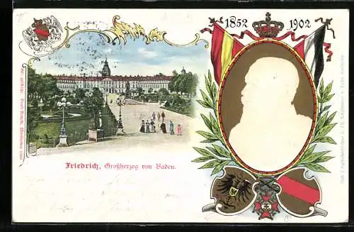 AK Karlsruhe, Grossherzog Friedrich von Baden, 1852-1902, Wappen und Flaggen, Residenzschloss