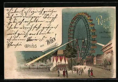 Lithographie Wien, Wiener Prater mit Riesenrad und Beleuchtung