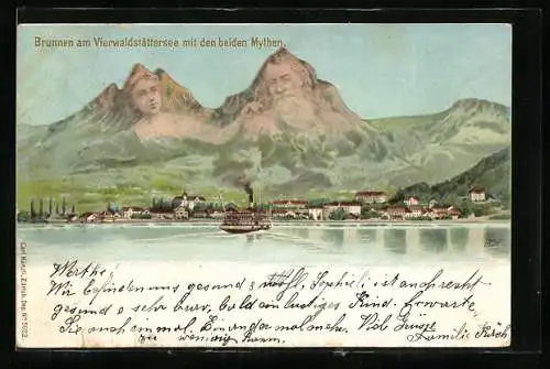 AK Künzli Nr. 5022, Brunnen am Vierwaldstättersee mit den beiden Mythen, Berggesichter