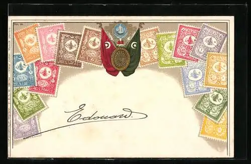 AK Türkei, Briefmarken verschiedener Werte, Landesfahne mit goldenen Halbmonden