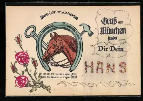 AK München, Heeres-Lehrschmiede, Winzererstrasse, Pferdekopf unter dem Hufeisen