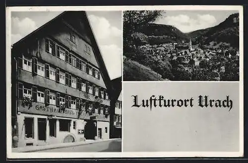 AK Urach / Württbg., Gasthof zum Fass, Teilansicht mit Kirche