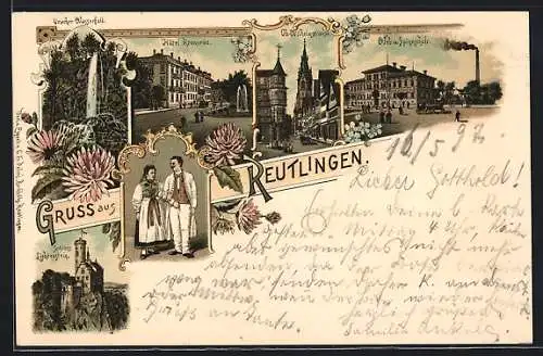 Lithographie Reutlingen, Hotel Kronprinz, Web- u. Spinnschule, Schloss Lichtenstein