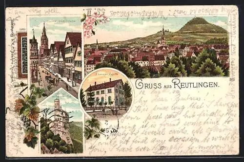 Lithographie Reutlingen, Gesamtansicht, Obere Wilhelm-Strasse, Lichtenstein mit Honauer Tal, Ebenezer Kapelle