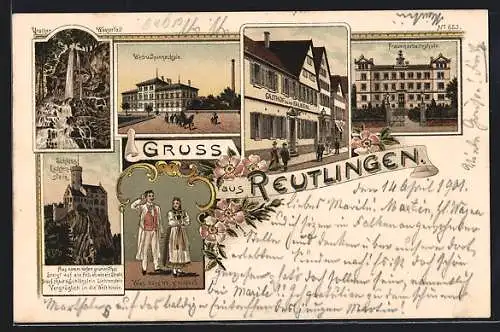 Lithographie Reutlingen, Schloss Lichtenstein, Paar in Tracht, Web- & Spinnschule