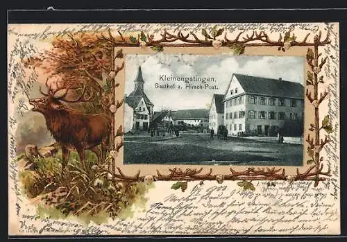 Passepartout-Lithographie Kleinengstingen, Gasthof zum Hirsch-Post, Röhrender Hirsch