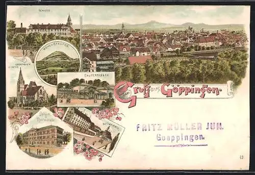 Lithographie Göppingen, Schloss, Sauerbrunnen, Latein- & Realschule