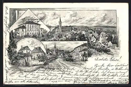 Vorläufer-Lithographie Rottenburg / Laaber, 1894, Strassenpartie mit Kirche, Gebäudeansicht, Ortspartie