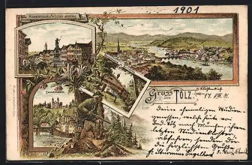 Lithographie Tölz, Markstrasse, Calvarienberg, Reiterbauer am Buchberg