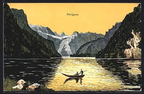 Künstler-AK Eugen Felle: Königsee / Berchtesgaden, Teilansicht mit Boot