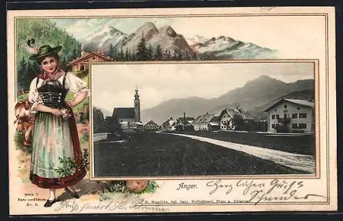 Passepartout-Lithographie Anger / Obb., Weg zur Kirche, Frau in Tracht