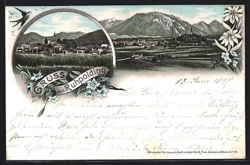 Lithographie Ruhpolding, Teilansicht, Ortspartie mit Kirche