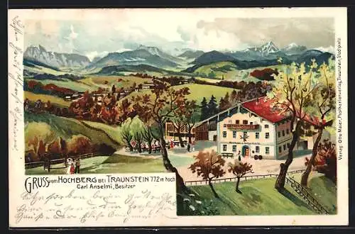 Lithographie Traunstein, Gasthaus Hochberg C. Anselmi aus der Vogelschau