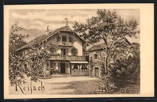 Künstler-AK Reisach / Oberaudorf, Ortspartie mit Bauernhaus