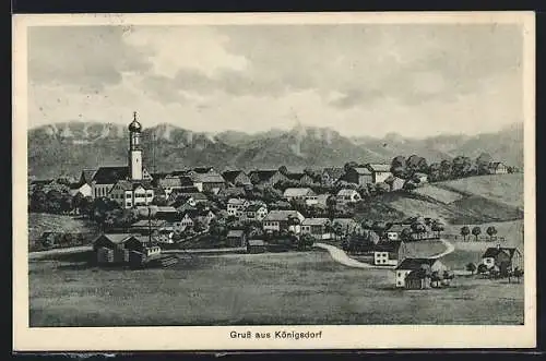 Künstler-AK Königsdorf, Teilansicht mit Kirche