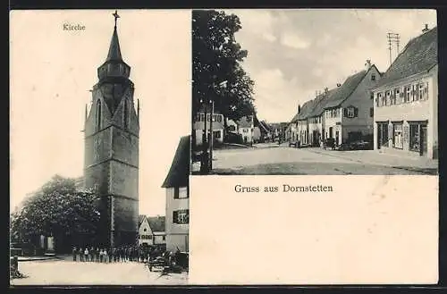 AK Dornstetten, Strassenpartie mit Geschäft, Kirche