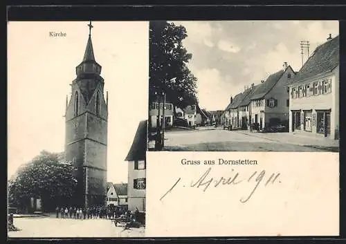 AK Dornstetten, Strassenpartie mit Geschäft, Kirche