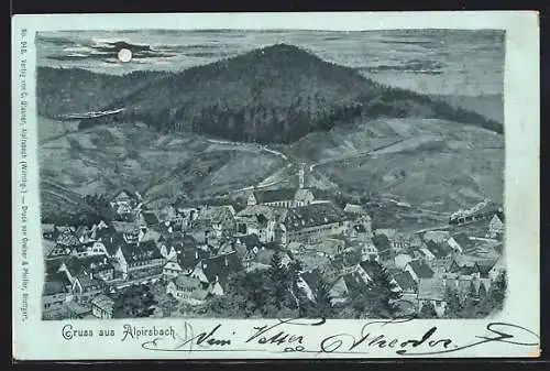 Mondschein-Lithographie Alpirsbach, Teilansicht mit Kirche